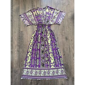 Women XXL RELAXX Maxi Dress Purple Green Paisley Print Smocked Waist Boho V-Neck
